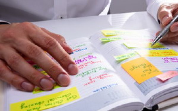 Businessman's Hand Writing Schedule In Diary On Office Desk